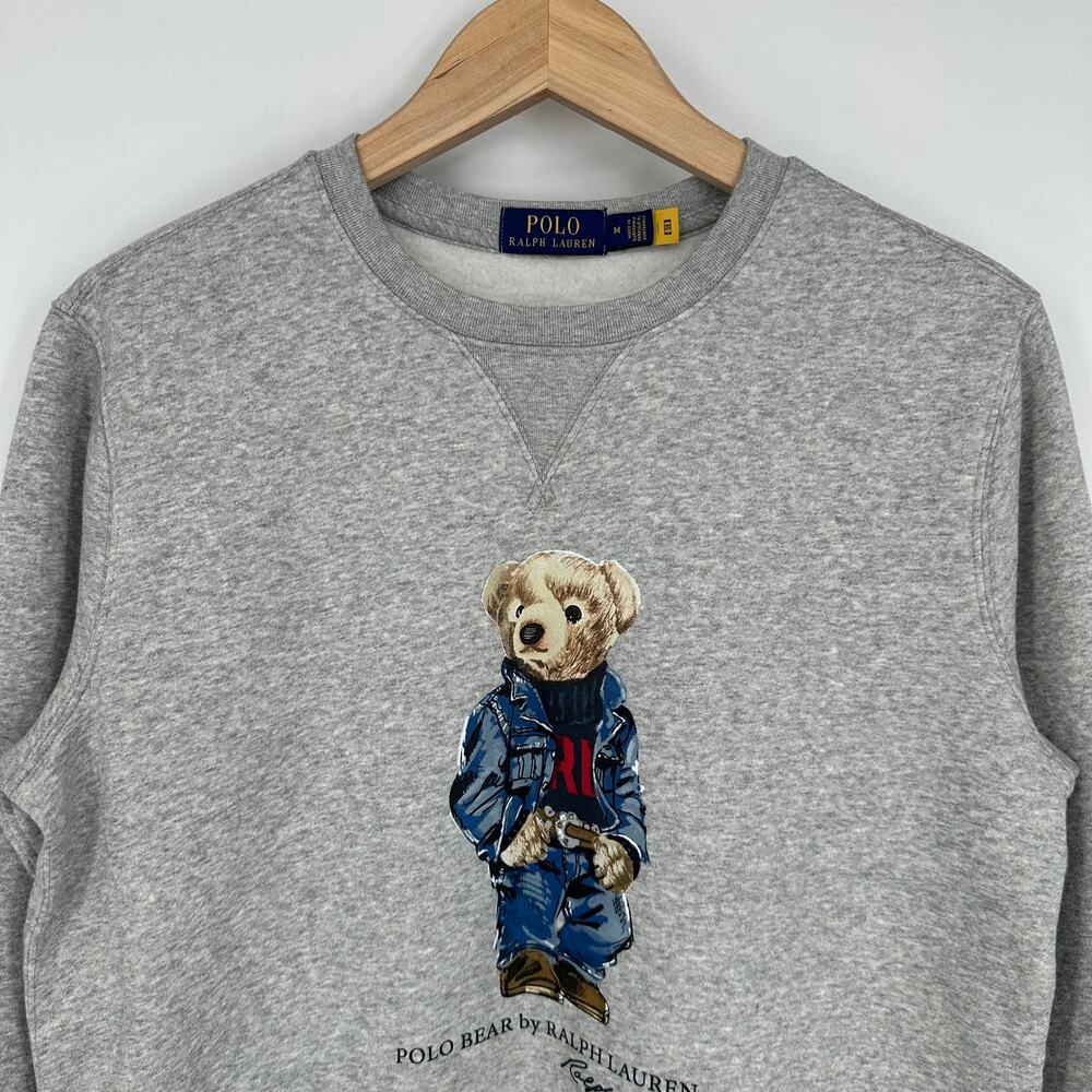 Ralph Lauren Polo Bear Logo Fleece Sweatshirt Crew Neck Heather Denim Bear Gray - Picture 7 of 15
